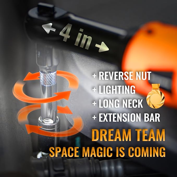 3/8" Extended Electric Ratchet Wrench Set, 45ft-lbs 600 RPM Cordless Long Neck Power Ratchet Wrench Kit with 2pcs Batteries, LED Light, 9 Sockets, Toolbox, Variable Speed, For Housework, Car Repair