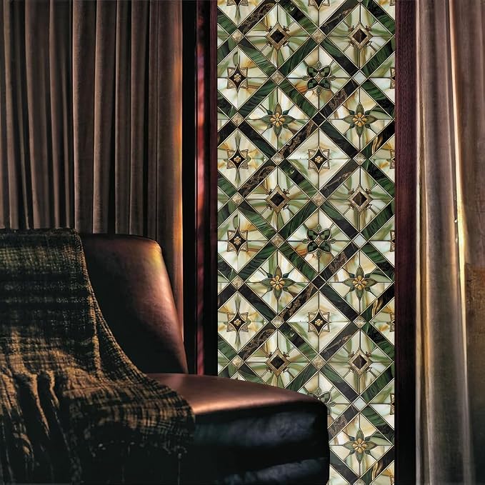 Boho Golden Vintage Geometric Dark Green Ethnic Stained Glass Window Films - Image 2