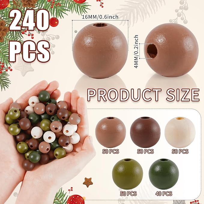 Whaline 240Pcs Christmas Wooden Beads Brown Green Beige Round Loose Bead - Image 2