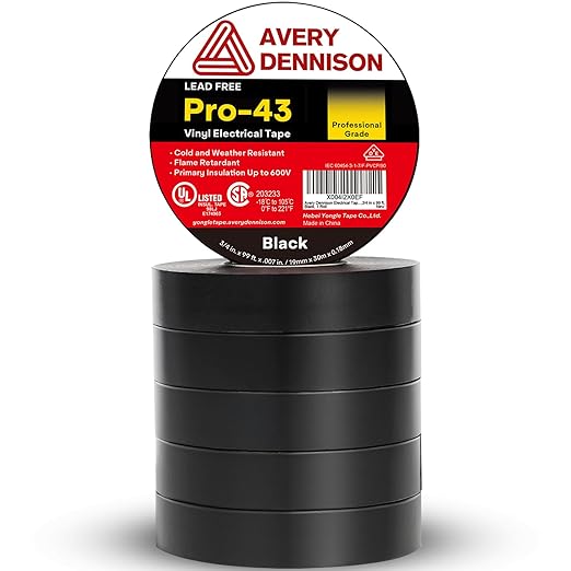 Avery Dennison Electrical Tape ¾ in x 99 ft, 6 Rolls Professional Grade PVC Electric Tape, UL/CSA Listed Insulating Vinyl Tape for Electrical, Repairs, Automotive and Equipment, Pro-43, Black
