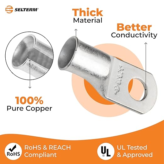SELTERM 15pcs 2/0 AWG 3/8" Stud UL Marine Grade Battery Terminal Connectors Tinned Copper Battery Cable Lugs 00 Gauge Wire Connectors Electrical Battery Cable Ends Ring Terminals Tinned Copper Lugs