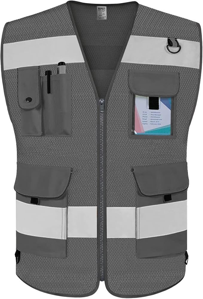 TCCFCCT Grey Safety Vest for Men Women 9 Pockets Mesh High Visibility Reflective Vest for Safety, Work Vest with Reflective Strips, Meets ANSI/ISEA Standards, 5X-Large