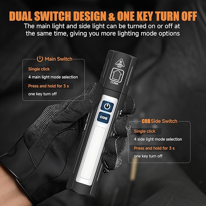 Rechargeable Magnetic Flashlights High Lumens - Super Bright Small Powerful LED Tactical USB C Flashlight, 8 Modes, Dual Button Waterproof Pocket Flash Light for Emergency, Car (2, Black)