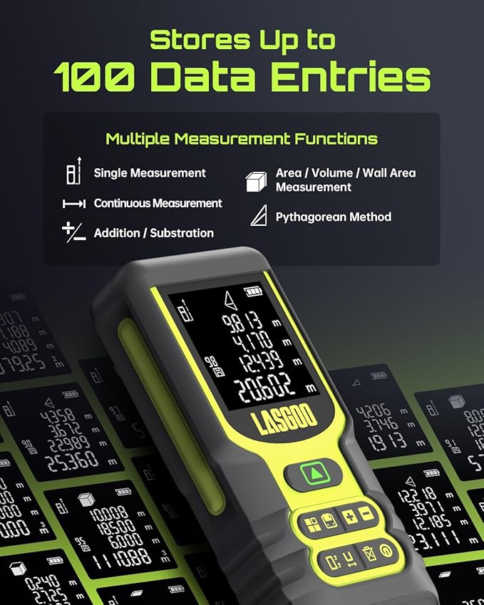 Laser Measure, LASGOO 60m/197ft Laser Measurement Tool, Laser Distance Meter with Ft/in/M Multiple Units, LCD Backlit Display, Pythagorean Mode, Area and Volume, Battery Included