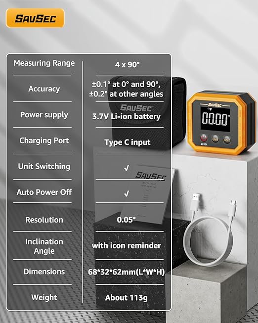 Rechargeable Digital Angle Finder, Digital Angle Gauge with Magnetic Back&Base, ±0.1° Accuracy Protractor Inclinometer Woodworking Tools, IP54, 360° Flip Screen, for Construction, Machinery