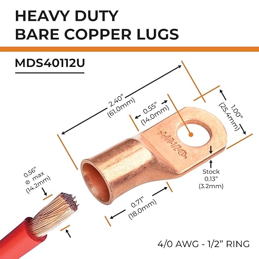 SELTERM 10pcs 4/0 AWG - 1/2" Stud Battery Lugs, Heavy Duty Wire Lugs, Ring Terminals, Cable Ends, 0000 Gauge Terminals, UL Bare Copper Eyelets Electrical Terminal Connectors