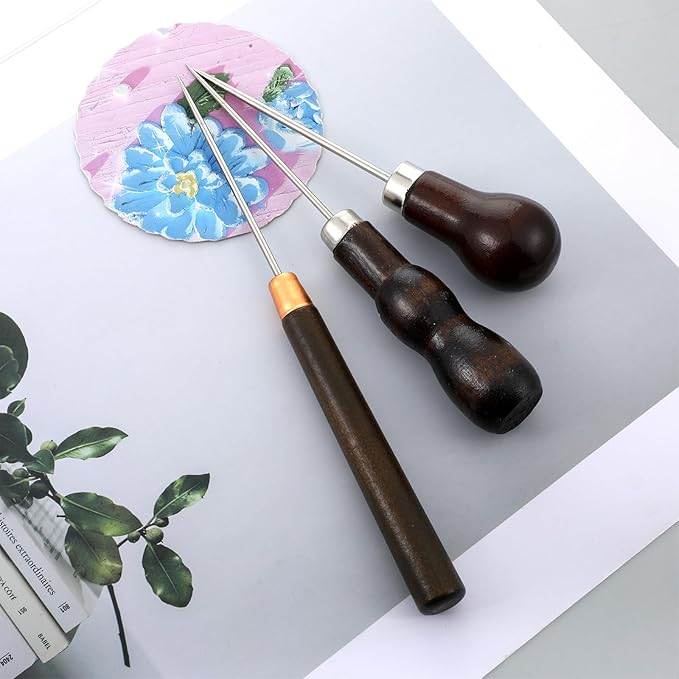 BOHUIZ 3 Pack Scratch Awl Tool with Wooden Handle, Gourd Shape Pin Punching for Leather Awl Punch Tool for Hole Craft Shoes Repair Sewing Leather Punch Stitching Crochet DIY Handmade