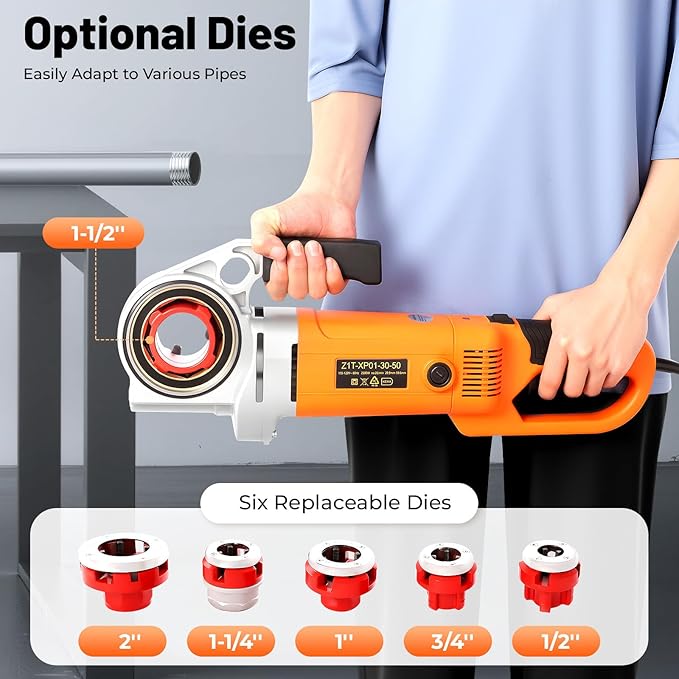 2300W Electric Pipe Threader Kit, Portable Pipe Cutter 6-Die Set (1/2" to 2") Heavy-Duty Hand-Held Power Drive Pipe Threader Machine Kit with Carrying Case for Steel/PVC/Conduit Piping, 26RPM