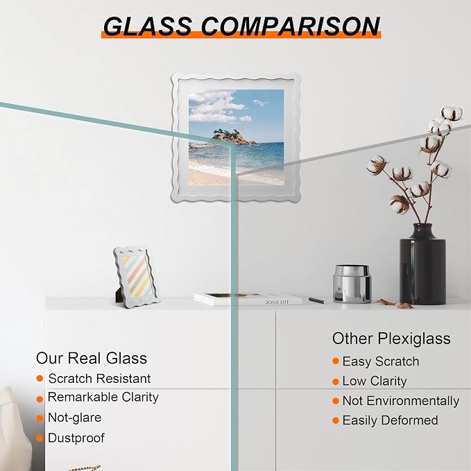 8x8 Picture Frame with Mat for 6x6, Wavy Edge Wooden Real Glass Photo Frame for - Image 2