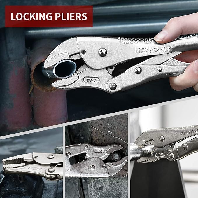 MAXPOWER 6 Pieces Wrench and Pliers Set, Come with Kitbag, Included 8" Long Nose and Lineman's Plier, 8" Adjustable Wrench, 6" Diagonal Cutter, 7" Locking Pliers, 10" Groove Joint Plier