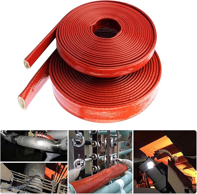 Insulation Heat Shielded Fire Thermo Armor Fire Sleeve Silicone Coated Fiberglass Heat Protection for Automotive Hose Lines & Electrical Wiring-（Red 1/2" ID x5FT）