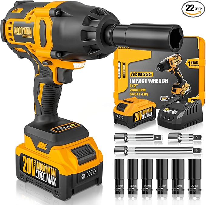 Alloyman 1/2 inch Cordless Impact Wrench, (750 N.m) 555 Ft-lbs Hight Torque Electric Impact Gun,20V Power Impact Driver, Brushless Motor 2000 RPM, 6 Sockets,3 Extension Bars, 4.0AH Li-ion Battery