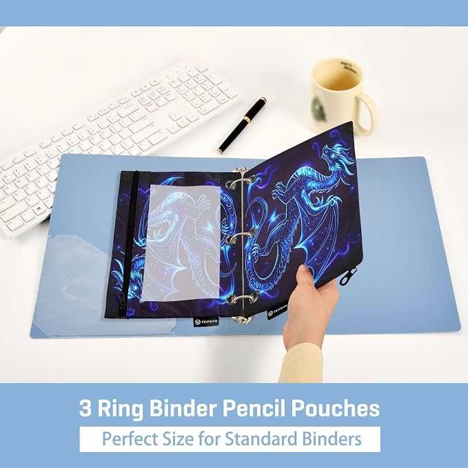 Dragon Blue Black Pencil Pouch for 3 Ring Binder, 2 Pack Waterproof Pencil Bags - Image 4