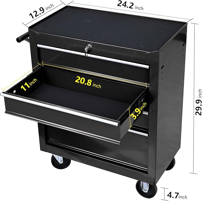 4-Drawer Rolling Toolbox Cabinet, Large Capacity Metal Toolbox with Wheels and Key Lock, Rolling Toolbox Organizer Toolbox, Heavy-Duty Industrial Service cart Storage Organizer