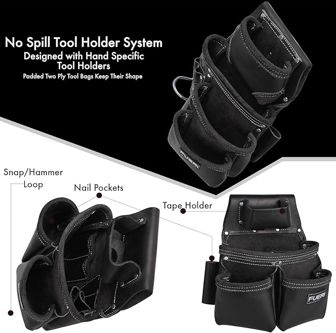 Heavy Duty 19 Pocket Leather Tool Belt Suspender Multipurpose Pockets Work Organizer Pouch Framing Fat Lip Tool Holder for Carpenter, Construction, Handyman, and Electrician Tool Belt Set