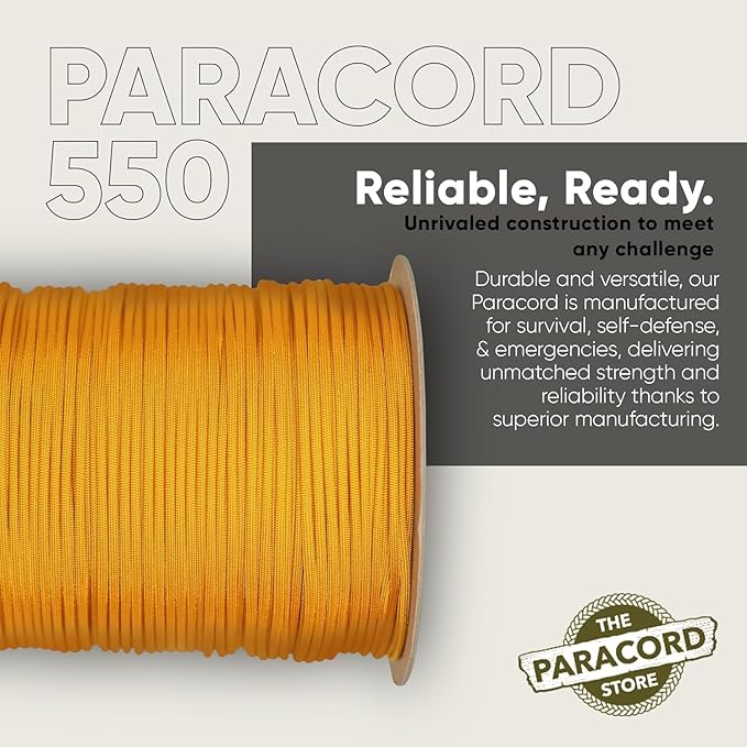 The Paracord Store | Type III 550 Paracord - 250 FT Spool, Goldenrod | Heavy Duty 7 Strand Tactical Paracord - USA Made Nylon Outdoor Parachute Cord for Camping, Fishing & More - Survival Cord