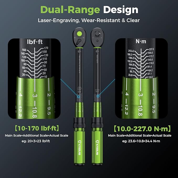 1/2 Drive Click Torque Wrench Dual-Range10-170.0ft.lb/13.60-230.5Nm3% Precision Torque Wrench, 72 Tooth Dual-Direction Adjustable for Bicycle, Moto, Car Maintenance 3 Pcs