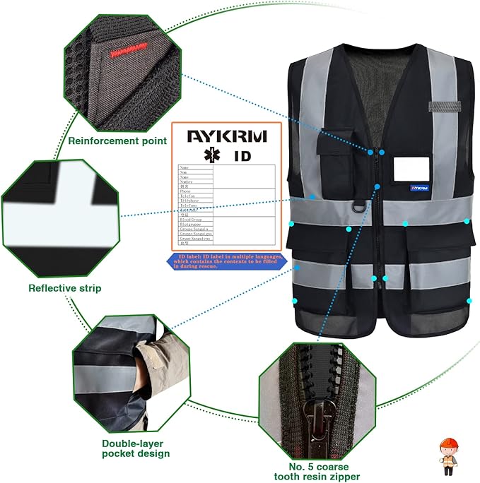 A-SAFETY High Visibility safety vest black pockets