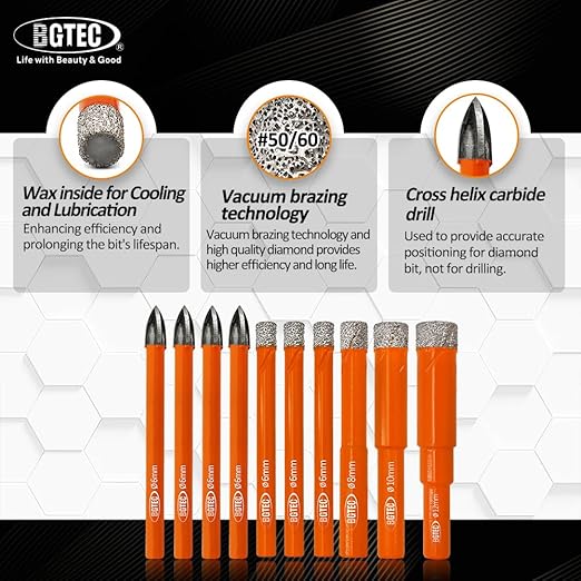 BGTEC Dry Diamond Drill Bits Set - 6/6/6/8/10/12mm Tile Drill Bits and 4pcs 1/4" 6mm Carbide Drill for Granite Marble Porcelain Ceramic