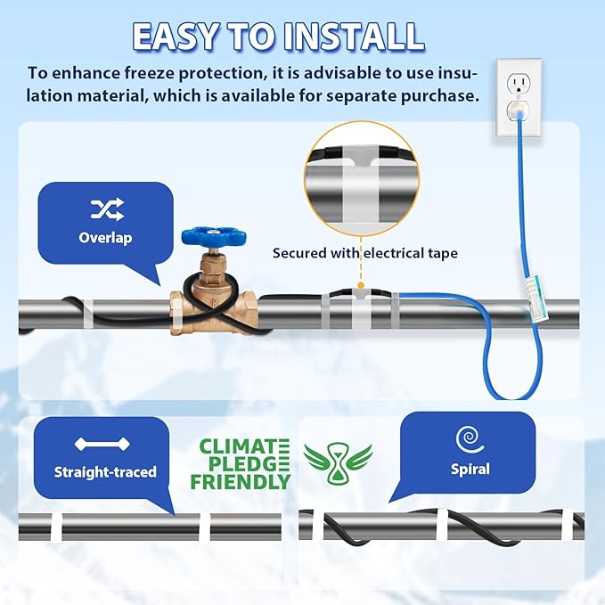 120V 50FT Self-Regulating Pre-assembled Water Pipe Heat Cable for Pipe Freeze Protection, Energy-Saving Pipe Heating Cable Keeps Water Flowing at -40°F
