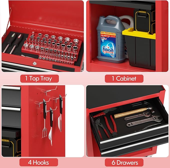 S AFSTAR 6-Drawer Rolling Tool Chest, High Capacity Tool Storage Cabinet with 4 Hooks, Locking System and Universal Wheels, 2-in-1 Detachable Large Toolbox for Garage Workshop (Black & Red)
