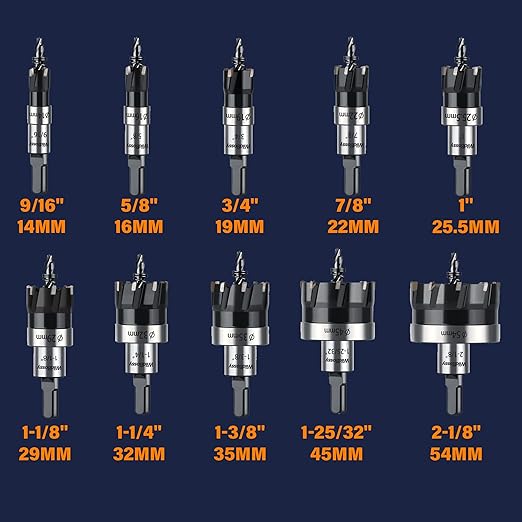 10PCS Hole Saw Set (5/8" to 2-1/8") for Metal, Stainless Steel, Wood, Fiberglass