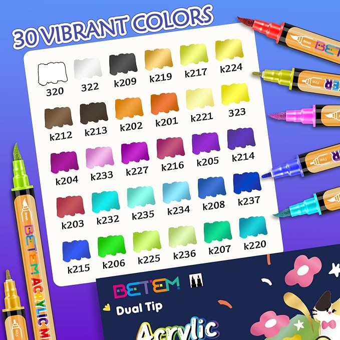 Betem Dual Tip Acrylic Paint Pens, 30 Metallic Paint Markers - Image 3