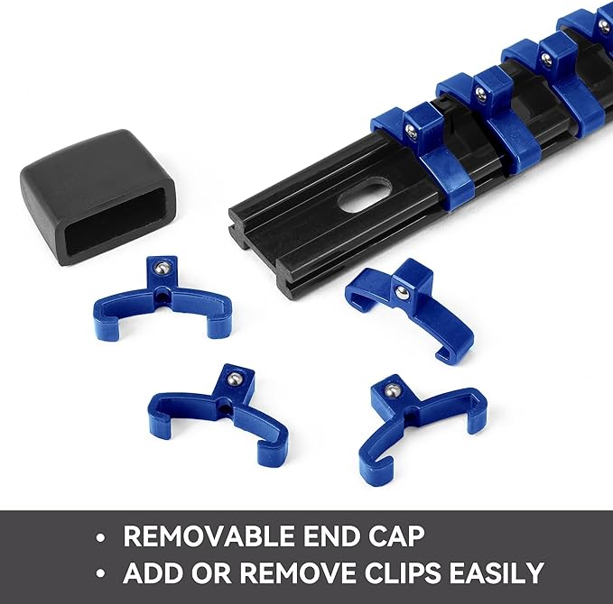 ALOANES 3 PC ABS Socket Organizer, 1/2 inch, Drive Socket Rail Holders, Heavy Duty Socket Racks, Black Rails with Blue Clips