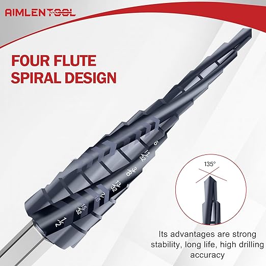 M35 Four Spiral Flute Cobalt Step Drill Bit, 1/8"-1/2" Wear-Resistant TiAlN Coated Four-Flute Step Bit, 1/4" Hex Shank Unibit Step Bit for Metal, Stainless Steel, Aluminum, Wood, Plastic