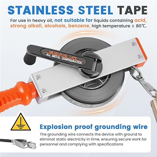 YJINGRUI 49ft/15m Oil Tank Gauging Tapes, Explosion-Proof Oil Gauging Tape, Stainless Steel Sounding Tape Measure with 400g Brass Plumb Bob and Explosion Proof Grounding Wire