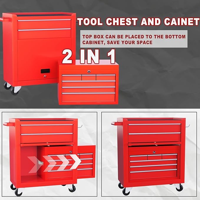 8-Drawer Rolling Tool Chest with Wheels - High Capacity Tool Cabinet with Detachable Top Toolbox for Garage and Workshop Organization - Metal Tool Cart with Liner & 6 Hooks, Red