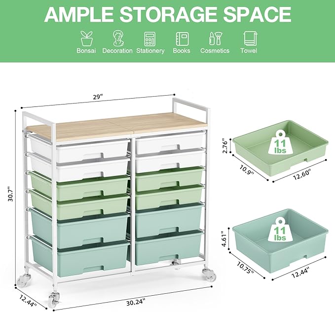 Rolling Storage Cart with 12 Drawers, Wooden Tabletop Utility Cart - Image 3