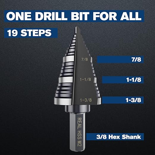 M2 Step Drill Bit, 3/16 to 1-3/8 in, Double Fluted, Cutting Drill Bit for Stainless Steel, Metal, Aluminum, Copper, Wood, PVC