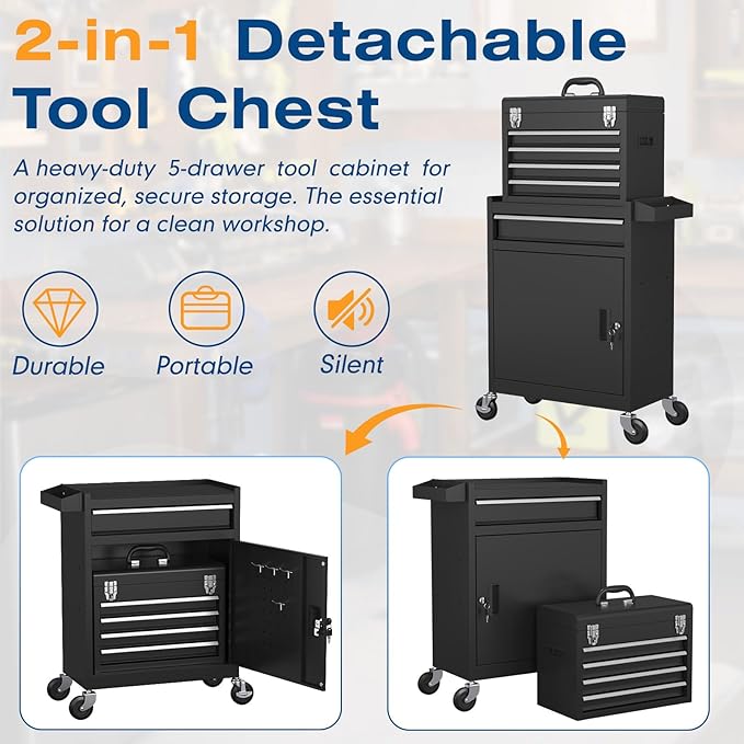 5-Drawer High Capacity Rolling Tool Chest, Removable Toolbox on Wheels Organizers, Lockable Tool Box Tool Storage Cabine with Drawers and Wheels for Workshop and Warehouse (Black)