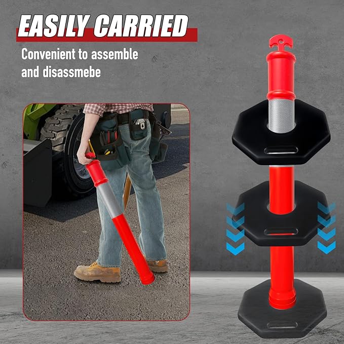 CJ Safety 44" Orange PE Delineator Post Cone, 44" Height Post, 10 lbs Recycled Rubber Base, 10" Reflective Band for Industrial (Set of 9)