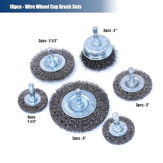 HOYIN 18PC Wire Wheel Cup Brush Set | Coarse Crimped Carbon Steel | 1/4" Hex Shank | 3PACK of 6 Pieces | Ideal for Drills