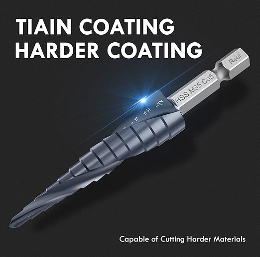 Upgrade M35 Cobalt Step Drill Bit with Ultra TiAIN Coating, 1/8"-7/8" (3PCS) Unibit Step Bit with Double Sprial Flute, 1/4" Hex Shank for Metal, Stainless Steel, Aluminum, Copper, Wood