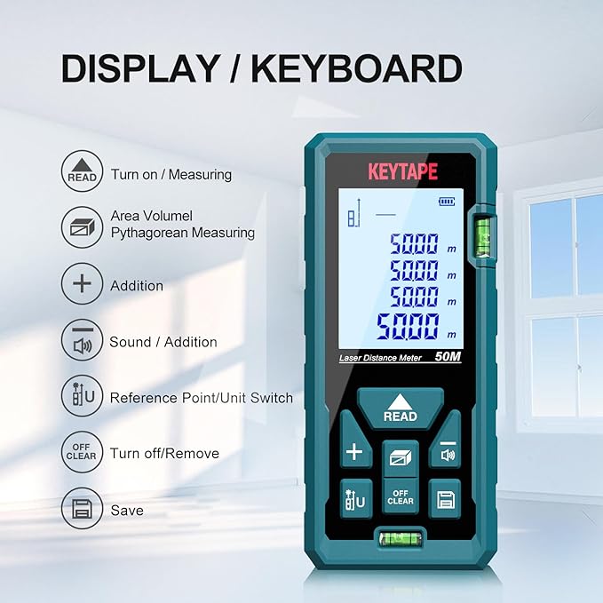 Laser Measure 328ft KEYTAPE Laser Distance Measure with Real Time, Upgraded M/in/FT/FT+in Unit Switching Backlit LCD and Pythagorean Mode, DT100 Portable Handle Digital Measurement Tool Range Finder