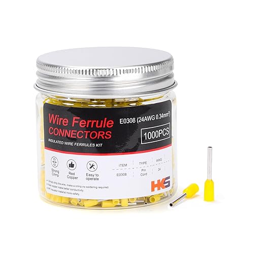 HKS 1000PCS Wire Ferrule Connectors - AWG 24-0.34mm² Copper Barrel Pin Cord Ends Insulated Ferrules Terminals - E0308 Yellow