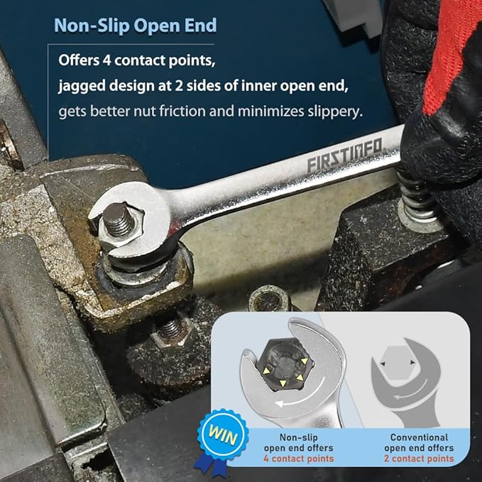 FIRSTINFO F3432SA Taiwan SAE Spline Box End Ratcheting Combination Wrench Set, Spanners with Anti-Slip V-Groove Open End | 5-piece | 72T | Lightweight | Mechanics Tray
