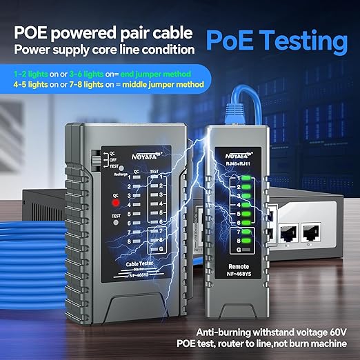 NOYAFA Rechargeable Network Cable Tester with RJ45 Crimp Tool, RJ11 RJ45 CAT5 CAT6 CAT7 Ethernet Cable Tester POE Tester, Continuity Tester Cable Toner Network Tools Kit with Crimper Stripper Cutter