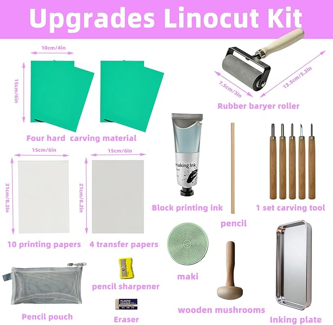 Linocut Kit for Printmaking, Stamp Making Kit, Linoleum Blocks Carving Tools - Image 2
