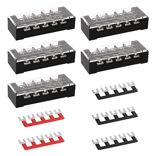 APIELE Screw Terminal Block Covered 5 Position Dual Row 25A 5 Position Pre-Insulated Terminal Barrier Strips (5PCS 25A 5P+5PCS Wiring Strips)