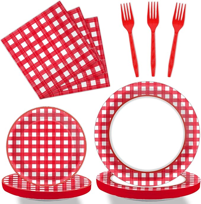 Tevxj 96 PCS Picnic Party Plates Red and White Gingham Checkered Plaid Party by Tevxj