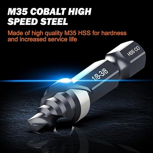 THINKWORK M35 Cobalt Spiral Flute Step Drill Bit, Single Size HSS Step Bit 3/8", Small Size EDC 1/4" Shank Step Bits for Metal, Carbon Steel, Stainless Steel, Wood, Plastic