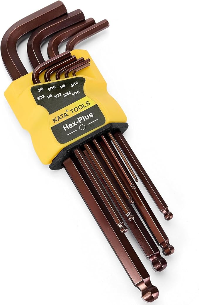 SAE Hex Key Set Ball End Long Arm S2 – 9PCS SAE Allen Wrenches, S2 Alloy Steel, 1/16–3/8 Inch, 6.7in, Bronze Finish, for US Standard Screws, Furniture, Bike Repairs