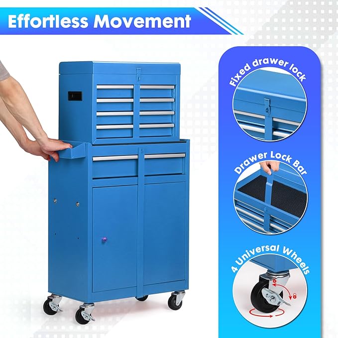 Rolling Tool Chest, 5-Drawer Tool Cabinet with Lockable Wheels and Detachable Top Tool Box, Tool Cart for Warehouse, Workshop, Blue