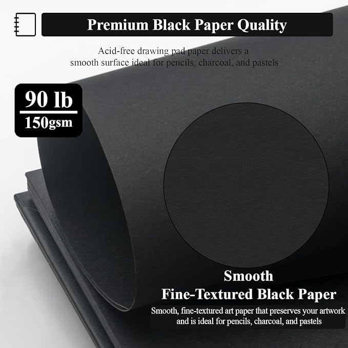 SuFly Black Paper Notebook, 60 Sheets Spiral Bound Sketch Book 9x12, - Image 3