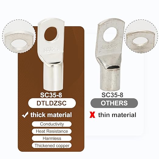 Thick Copper Electric Wire Lugs,10Pcs Tinned Copper Gauge 2Awg-5/16(M8) Ring Heavy Duty Battery Cable Lugs Ends Ring Terminals Connectors with 10Pcs 3:1 Heat Shrink Tubing Assortment Kit