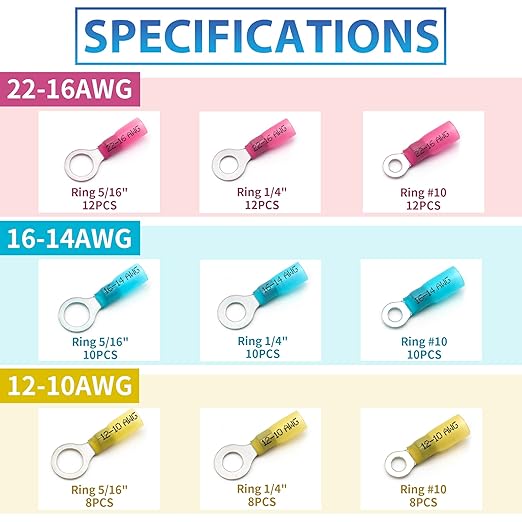 90Pcs Heat Shrink Wire Connectors Electrical Kit - Oiojuct Marine Automotive Wiring Crimp Terminals Assortment, Waterproof Ring Electrical Butt Connector